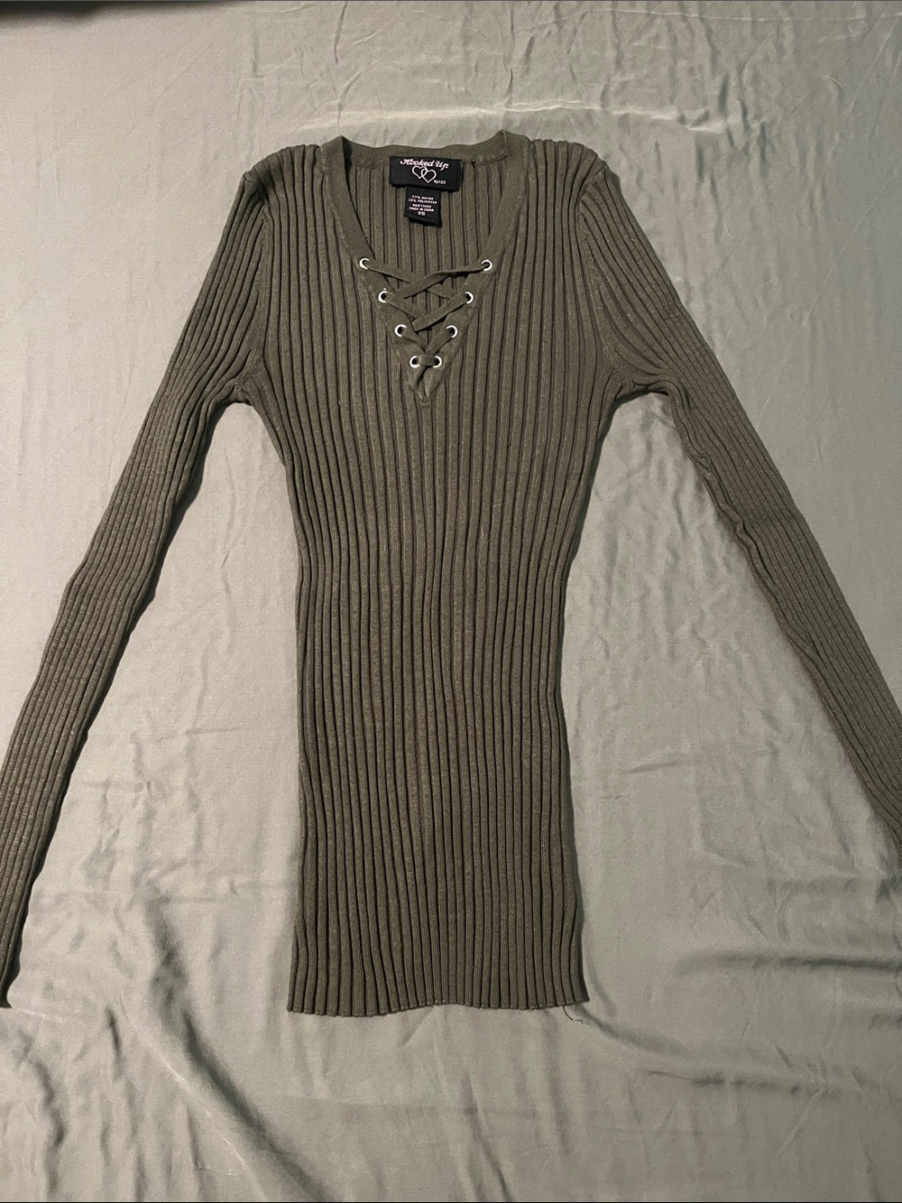 Hooked Up by IOT Olive Green Ribbed Lace-Up Long Sleeve Top